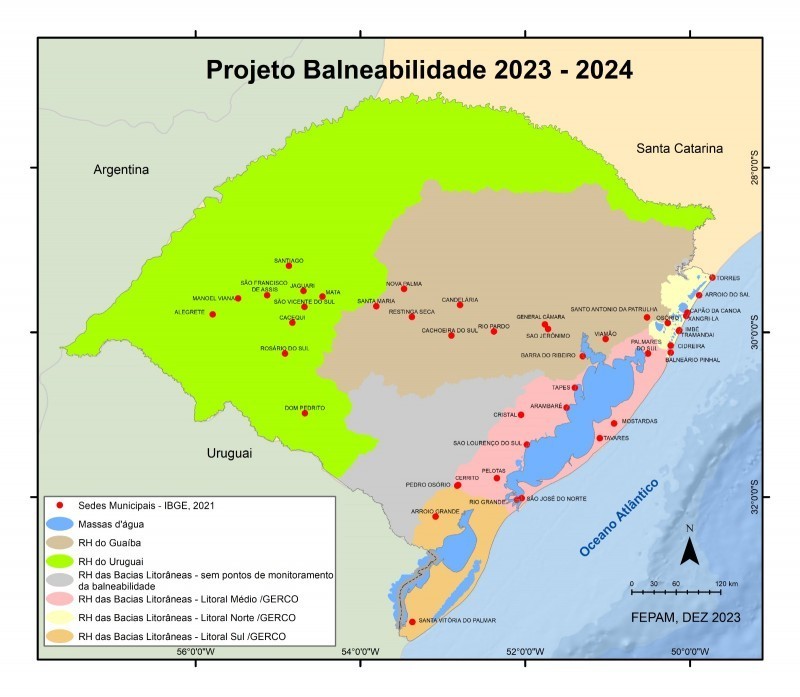 Mapa de pontos de balneabilidade monitorados pela Fepam no RS