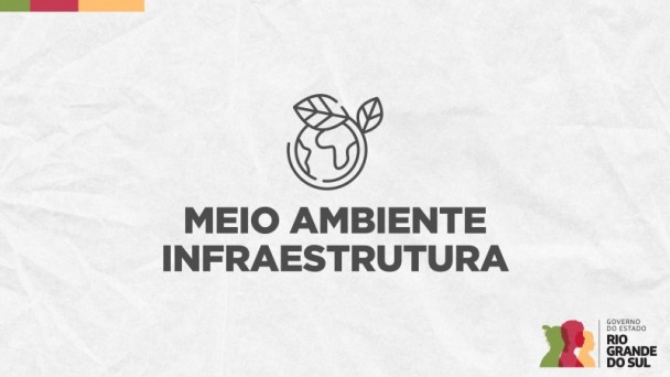 Card em fundo cinza, no qual está escrito Meio Ambiente Infraestrutura ao centro, logo abaixo de um ícone formado por uma imagem do globo terrestre envolvido por um galho de planta com duas folhas em uma das ponta e na parte superior do globo. No canto inferior direito está a logomarca utilizada pela gestão 2023-2026 do governo do Rio Grande do Sul.