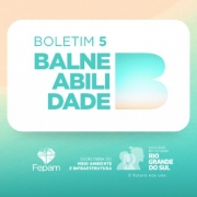 Card com fundo degrad&ecirc; que simula a linha entre a areia e o mar. No centro, h&aacute; um ret&acirc;ngulo branco no qual se l&ecirc; "Boletim 5 Balneabilidade". Abaixo do ret&acirc;ngulo, est&atilde;o as logos da Fepam, da Secretaria do Meio Ambiente e do Governo do Estado do Rio Grande do Sul.